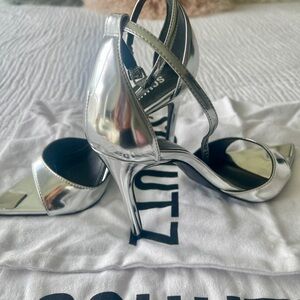 SCHUTZ Pamela Specchio Metallic Silver Strappy Heels